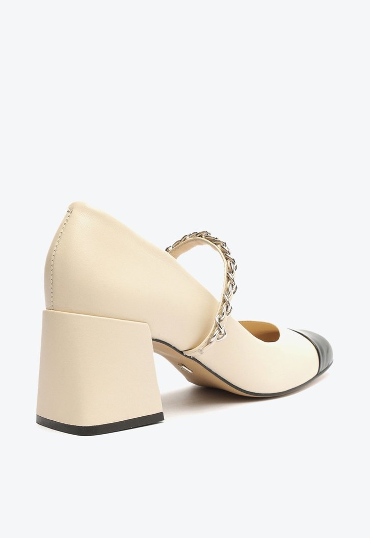 Sapato Boneca Off-White Couro Salto Bloco Tira Corrente